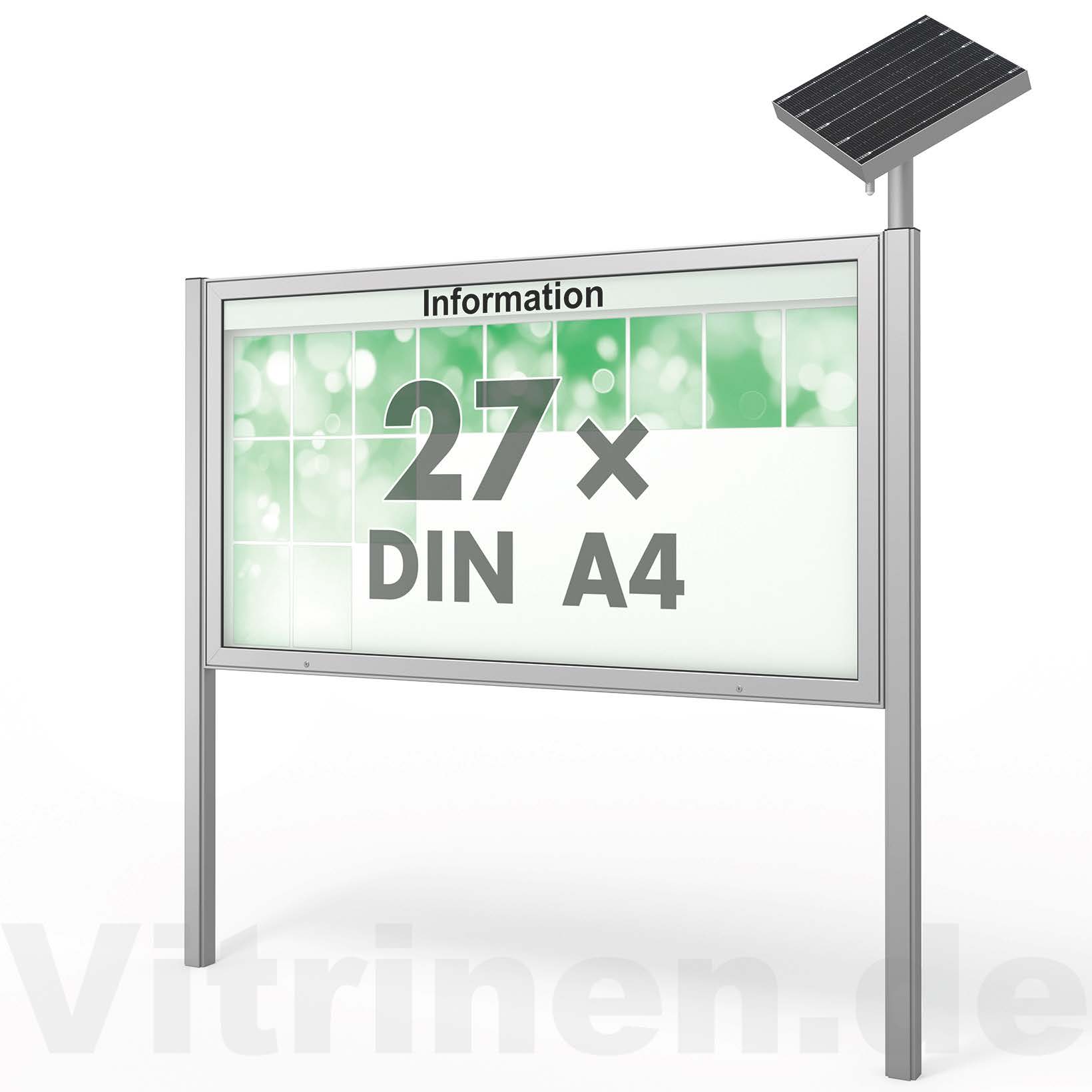 aussen-schaukasten-plenum-65e-q-27xa4-mit-standbeinen-solar-vitrinen.de 27 x DIN A4 Schaukasten Plenum eckig - der "Klassiker" mit Solar-Modul und Pfosten - Bautiefe 65mm